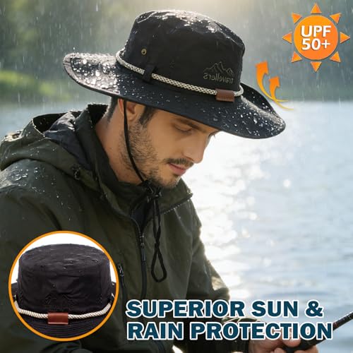 Waterproof Wide Brim Bucket Sun Hat Boonie Hat for Men & Women D Black (D Black)