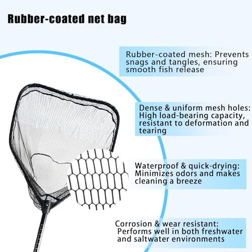 78.5In Large Fishing Net with Handle Fish Landing Net Telescoping Coated Rubber Net Folding Collapsible Extendable Gifts for Men