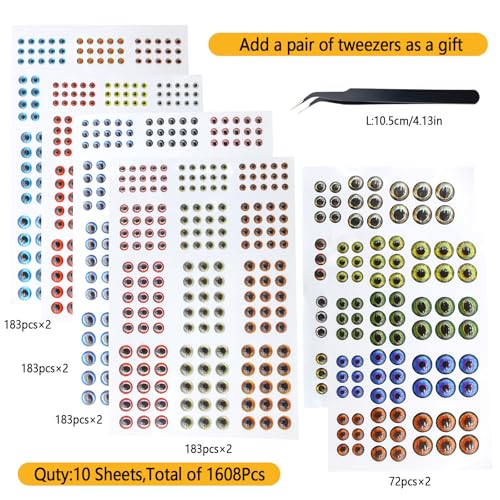 1608 Pieces 3D 4D 5D Fishing Lure Eyes Assortment with 1 Piece Tweezer for Making Fish Bait Fly Tying Streamers Crafts DIY Accessory (1608pcs)
