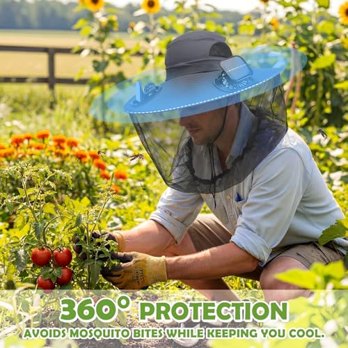 Mosquito Hat with Net 2 Solar Fan Wide Brim Bug Sun Hat Netting UPF 50+ for Fishing Hiking Garden