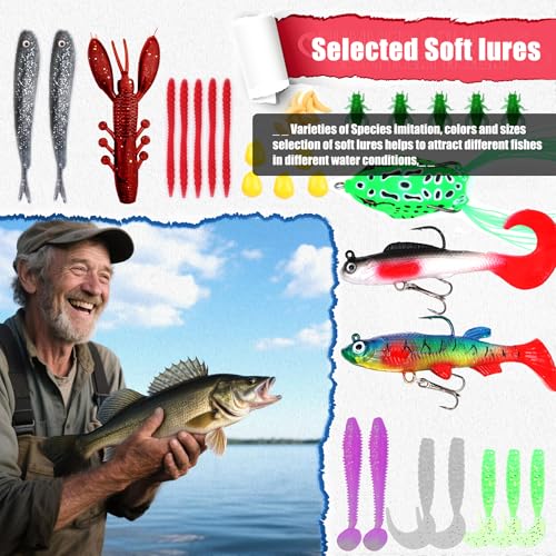 Fishing Gear fishingLure Fish Bait Soft Hard Lure Baits Tackle Box 75pcs Bass Trout Salmon Minnow Popper Crankbait Pencil Plastic Topwater Frogs Lure Lures Spinner (75pcs)