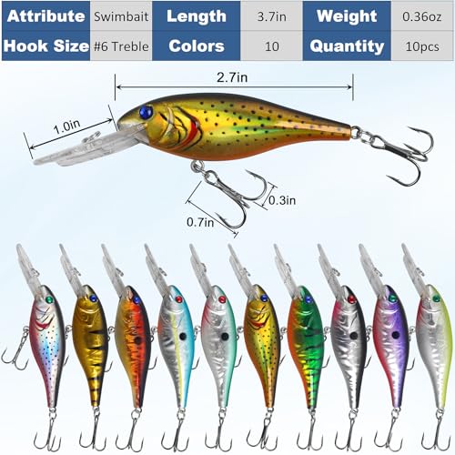 Crankbait Fishing Lures Hard Bait Shallow Diving Crank Bait Lifelike Swimbait Lures for Bass Trout Walleye Pike Freshwater Saltwater Fishing Lure