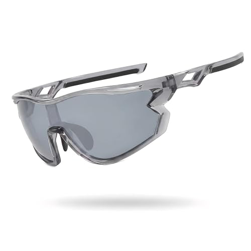 Polarized Sports Sunglasses for Men Women with UV400 Protection for Baseball Cycling Running Driving TR90 Frame (Grey Frame - Silver Mirror Lens)