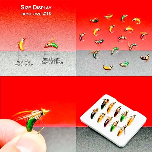 10Pc Wet Flies Bait Fly Fishing Flies for Bass Trout Pike Salmon Brass Head Caddis Nymph Handmade Fishing Bait Artificial Insect Fishing Lure (Mixed Colors)
