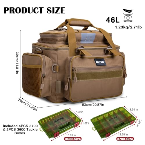 Fishing Tackle Bag with 4PCS 3700 & 2PCS 3600 Tackle Boxes (C3:Khaki with (4)3700&(2)3600 Tackle Boxes / Large)