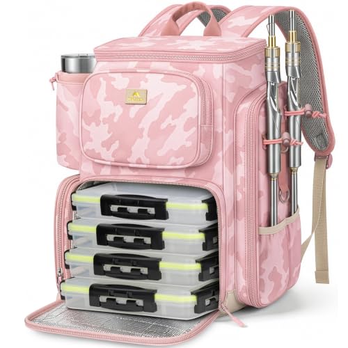 Pro Pink Fishing Backpack for Women with 4 Trays & Rod Holders (Pink Camouflage)