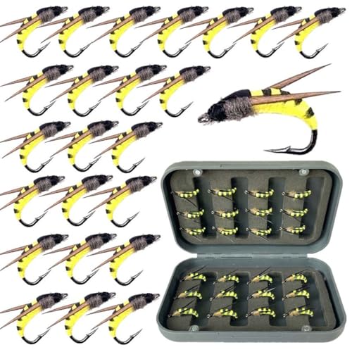 24Pcs Fly Fishing Flies Trout Lures Fishing Tackle Fly Fishing Flies with Boxed Trout Bass Artificial Fish Bait (24Pcs-Yellow Moth)
