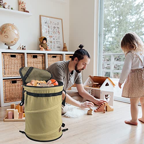 Pop Up Storage Bin Collapsible Trash Can Recycle Container Reusable Utility Bag with Zippered Lid for Camping (khaki color)
