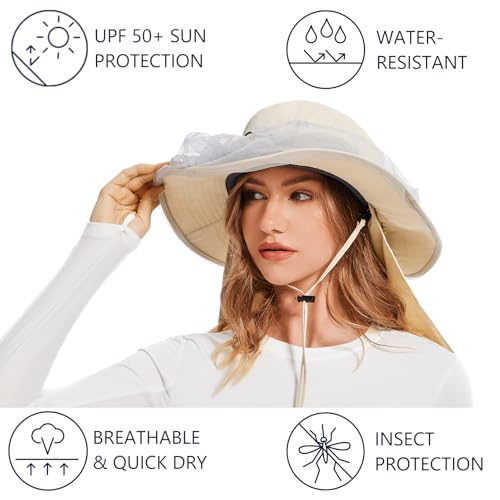 UPF 50+ Mosquito Net Hat with Stowable Neck Flap for Men Women Outdoor Fishing Hiking Camping Gardening FH17 Beige (Large / Beige)