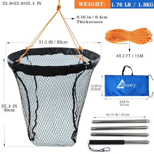Large Collapsible Bridge Pier Fishing Net Rubber Coated Landing Net with Rod (31.5 x 31.5 x 35.4")