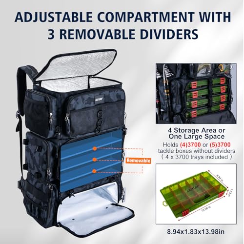 72L Fishing Tackle Backpack with Cooler & 4 3700 Tackle Boxes (A2:Camo with 4 3700 Tackle Boxes)
