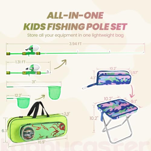 Kids Fishing Pole (Pink & Green / 3.94-ft Set + Chair + Hat)