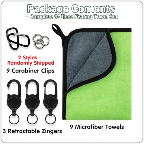 9 Pack Mixed Color Fishing Towels with Clips & Zinger Retractors (9pcs-mixed Color)