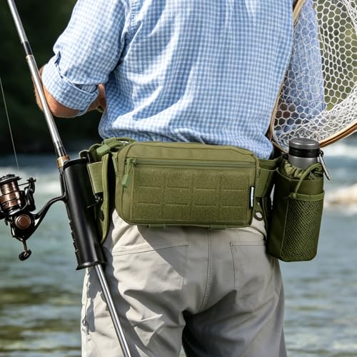 Fly Fishing Fanny Pack with Rod Holder & Adjustable Straps (Green)