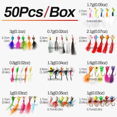 Ice Fishing Jigs Kit 100pcs Lures Bait Icefishing Set Crappie Jig Hooks Gear Accessories for Walleye Panfish with Tackle Box Gifts for Men (50pcs Fly Ice Jig with Lure Box)