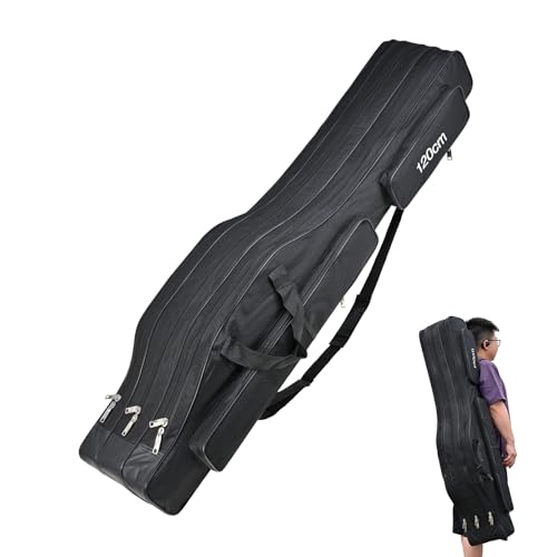 Portable 3 Layers Fishing Pole Bag Durable Oxford Folding Fishing Rod Reel Carry Case Tackle Storage Bag Case Waterproof Camouflage Travel Fishing Carrier (Black / 120cm/47")