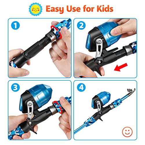 Kids Fishing Pole with Spincast Reel Telescopic Fishing Rod Combo Full Kits for Boys (Blue / 5FT / 1.5M)
