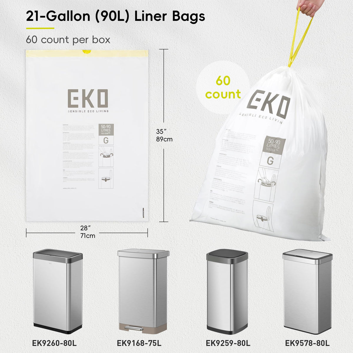 21 Gallon / 50-90 Liter, 60 Count Drawstring Trash Bags, Extra-Strong Garbage Bags, Lemon Zest Scent with Continuous Odor Control, Easy-Dispense Roll for Kitchen and Household Use, Code G, White (60 Count (Pack of 1) / 21 Gallon Bags/Code G (Lemon))