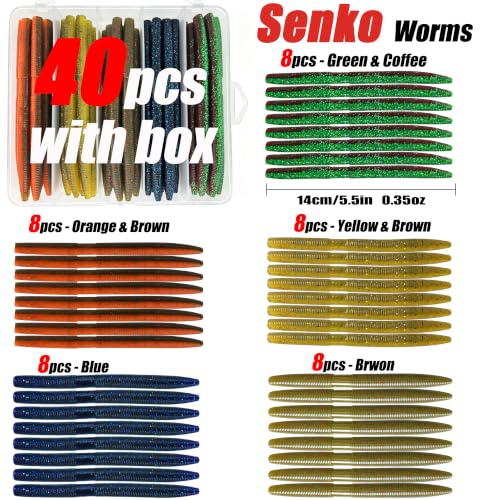 40PCS 5.5" Senko Worms for Bass Fishing Kit