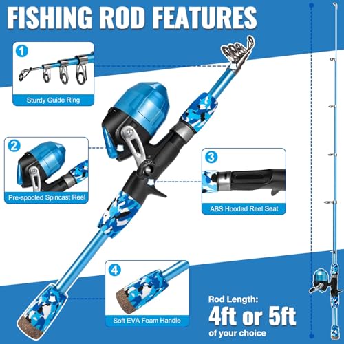 Kids Fishing Pole with Spincast Reel Telescopic Fishing Rod Combo Full Kits for Boys (Blue / 4FT / 1.2M)