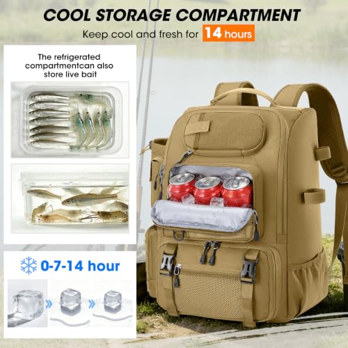 Fishing Backpack 40L Tackle Backpack with Rod Holders & Cooler (Khaki)