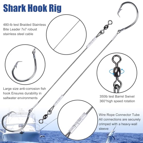 2 Pack Pre Tied Shark Fishing Hook Rigs Heavy Duty Stainless Leader Wire and Big Game Circle Hooks 14