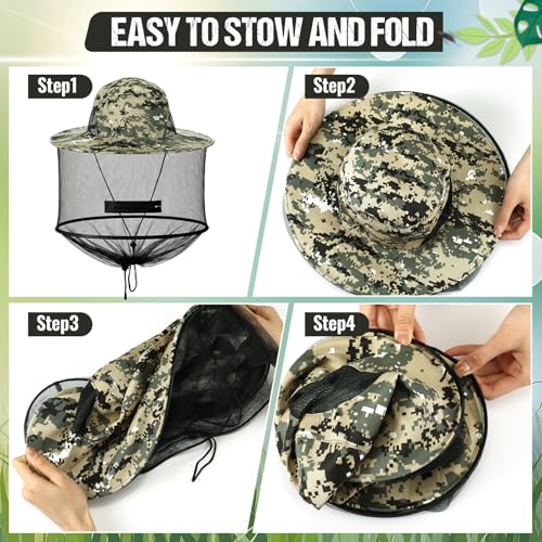 8 Pcs Mosquito Head Net Hat Sun Hat Mesh Fishing Bucket Cap Garden Bug Cap Face Cover with Zipper for Men Women (Camo Colors)
