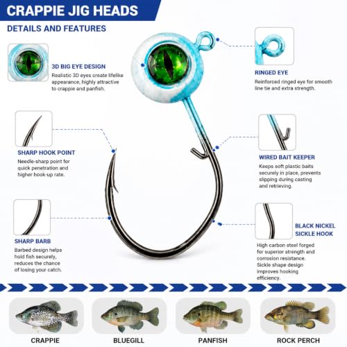 Jig Heads Fishing Hooks Kit with 3D Eyes for Bass Trout Panfish Lure Bait (50pcs-1/8oz)