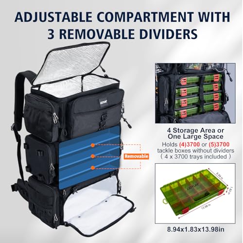 72L Fishing Tackle Backpack with Cooler & 4 3700 Tackle Boxes (Black (with 4 3700 Tackle Boxes))