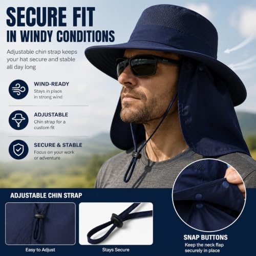 Men's Fishing Hat Sun Hat Boonie Hat UPF 50+ Wide Brim Outdoor Work Hat with Breathable Mesh & Chin Strap for Farm (Green)