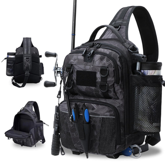 Fishing Bag Small Tackle Bag with Rod Holders (Black Camo / 22L)