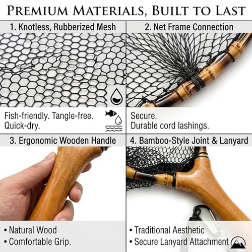 Floating Handcrafted Bamboo Fly Fishing Landing Net (Middle / Straight Handlebar / Glued mesh)