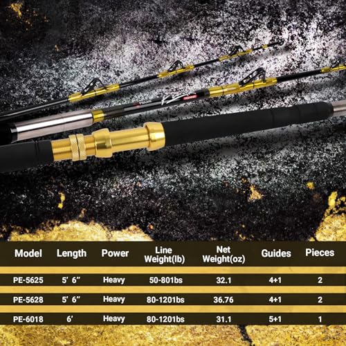 1 Piece 2 Piece Saltwater Fishing Rod Trolling Rod Big Game Boat Conventional Roller Guide Deep Drop Stand (5' 6“- 2pc - 80-120lbs)