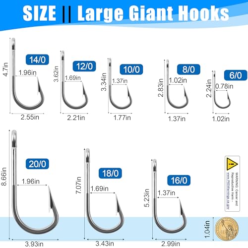 Large Giant Shark Hooks Saltwater Alligator Hooks Big Game Stainless Steel J Hooks Large Sea Fishing Hooks Extra Strong Fish Hooks for Shark Swordfish Tuna Catfish Size 6