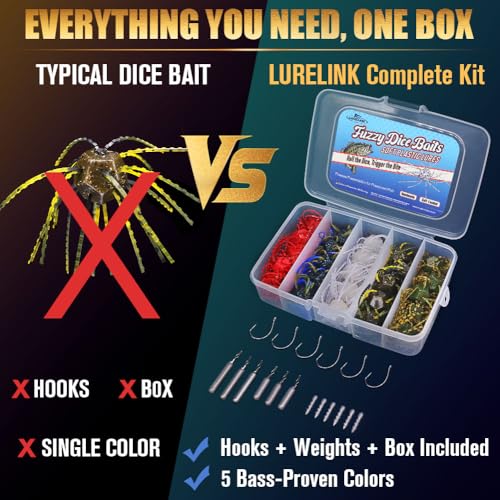Fuzzy-Dice-Bass-Fishing-Lure-Kit-Soft-Plastic-Cube-Baits with Wacky Hooks & Nail Weights,Drop Shot Weights - Finesse Rig for Smallmouth & Largemouth Bass, FFS Optimized (12-Sided Skirted Dice Kit) (12-Sided Skirted Dice Kit)