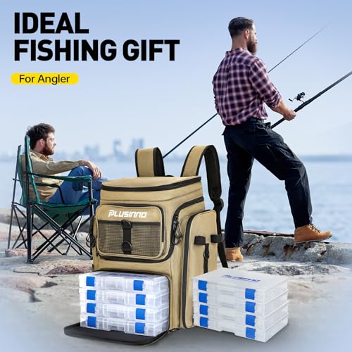 Fishing Backpack with Rod Holders (Khaki (4 Tackle Boxes Included))