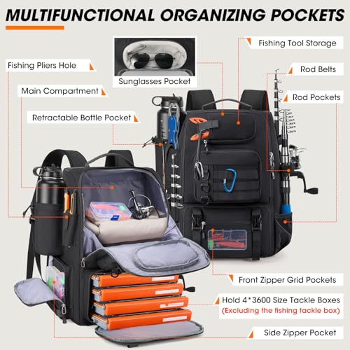 Fishing Backpack 40L Tackle Backpack with Rod Holders & Cooler (Black)