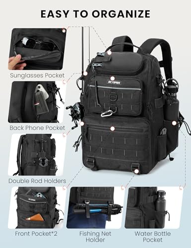 Tackle Backpack Fishing Bags with Rod Holder (Black)