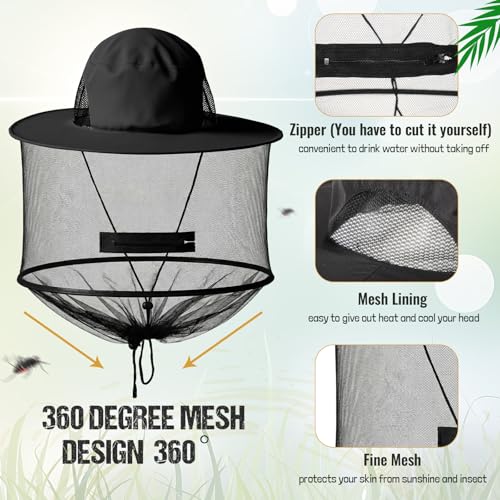 4 Pcs Mosquito Net Hat Sun Hat Mesh Fishing Bucket Cap Garden Bug Cap Face Cover with Zipper for Men Women (Dark Gray, Dark Beige, Deep Brown, Black)