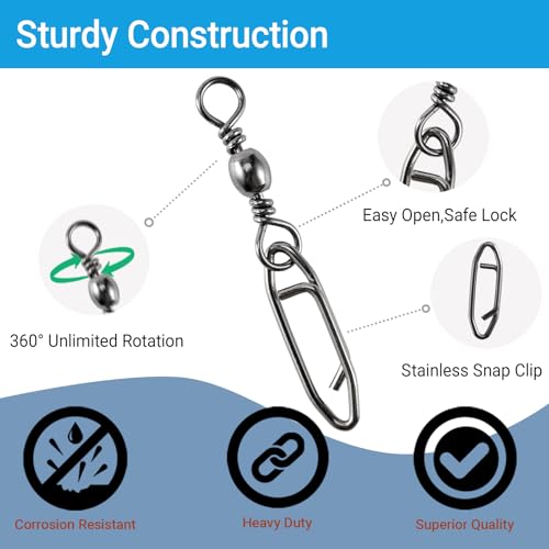High Strength Fishing Swivels Stainless Clips Steel Snap Swivels Barrel Connector Saltwater Swivel Fishing Rolling Black Nickel (Size 4+M (57lb) 50 pcs)