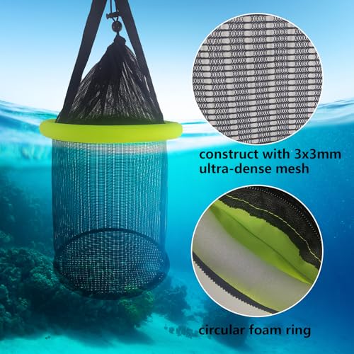Floating Fish Basket Nylon Net Cage for Live Bait Storage (5 GAL Lime Green-9.8*9.8*15.8inch)