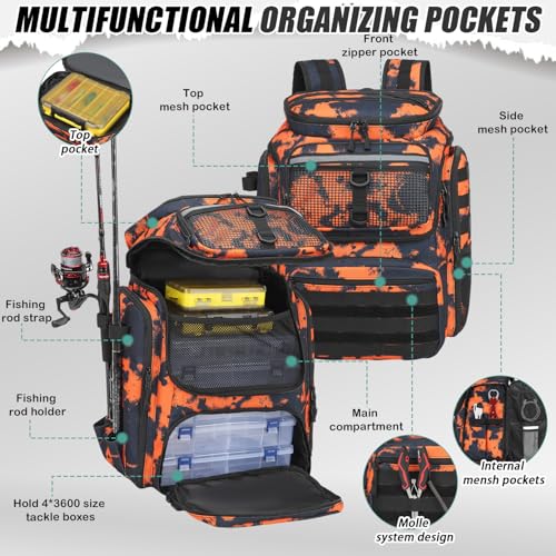 45L Fishing Backpack with Rod Holders & Built (Black and Orange Graffiti)