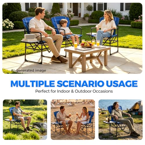 2 Pack Camping Chairs with Side Table & Cup Holder 400 lbs (Blue)