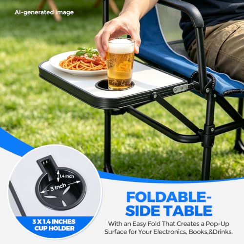 2 Pack Camping Chairs with Side Table & Cup Holder 400 lbs (Blue)
