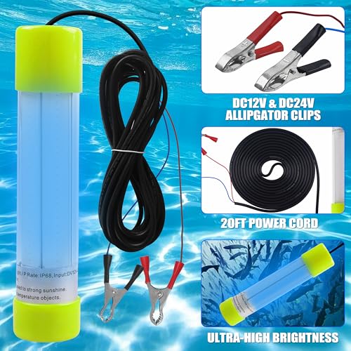 Underwater Fishing Light 20W 16000 Lumens 12V Super Bright LED Submersible Fish Bait Finder Lamp Deep Drop Night Fishing Attracting Light for Snook Crappie Squid Shrimp Prawns Boat Dock