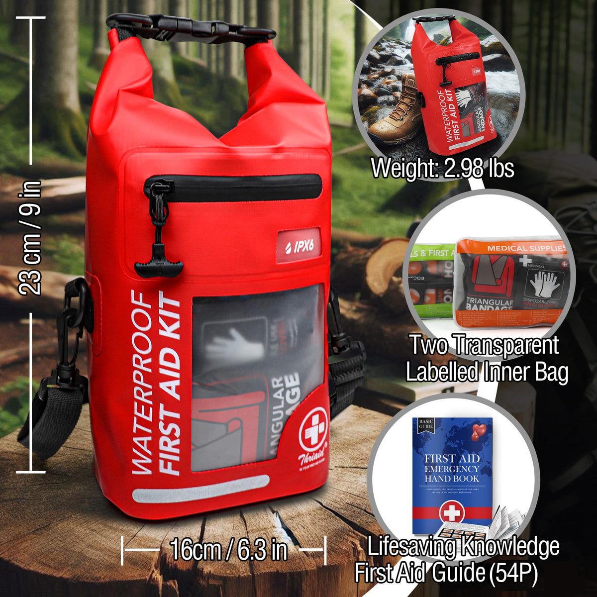 250 PCS Water‑Resistant First Aid Kit (Red / 250 Piece Roll Top Bag)