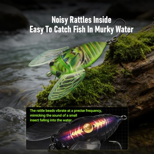 King Cicada Topwater Lure High Simulation Floating Fishing Lure with 3D Coating Realistic Foldable Wings Ultra
