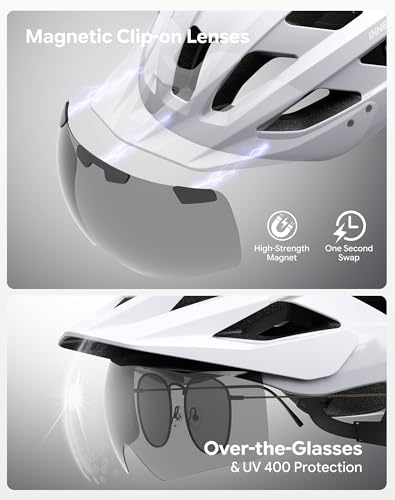 Adult Bike Helmet Rear Light & OTG Magnetic Goggles for Men Women (White / Medium)