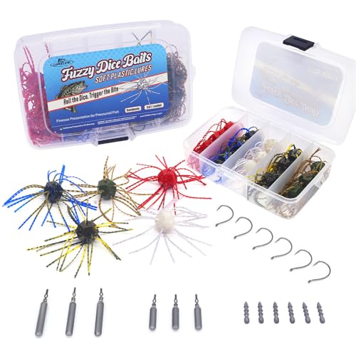 Fuzzy-Dice-Bass-Fishing-Lure-Kit-Soft-Plastic-Cube-Baits with Wacky Hooks & Nail Weights,Drop Shot Weights - Finesse Rig for Smallmouth & Largemouth Bass, FFS Optimized (12-Sided Skirted Dice Kit) (12-Sided Skirted Dice Kit)