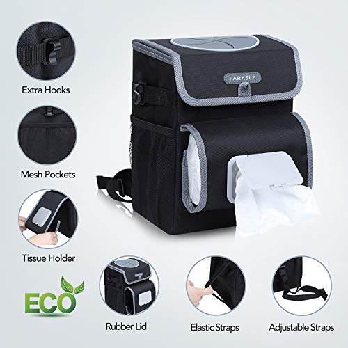 All-in-One Car Trash Can, Garbage Bag for Car with Removable Leakproof Interior Liner, Adjustable Tissue Holder & Straps